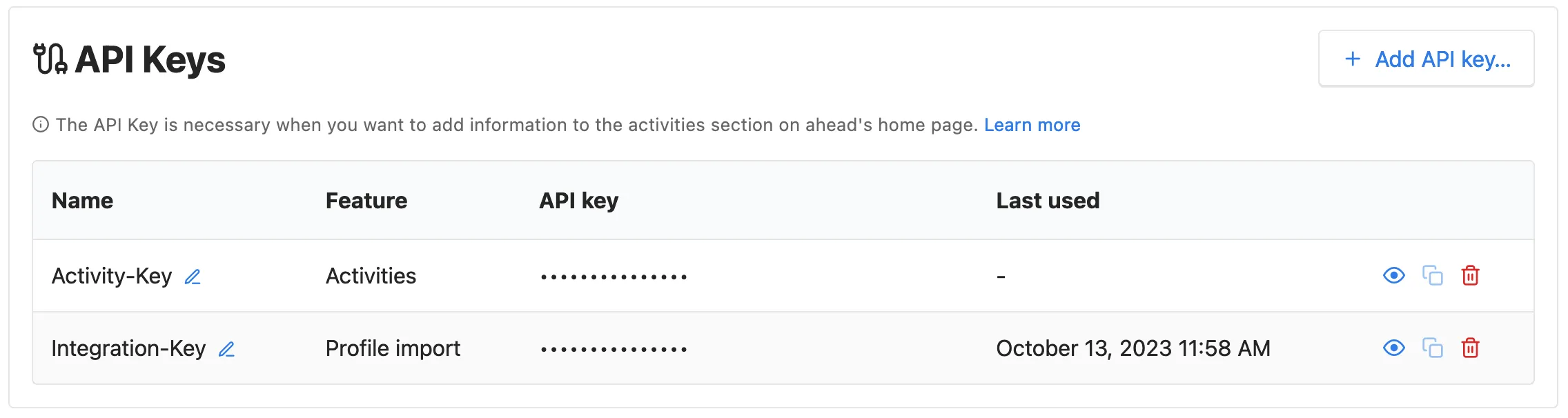 The API Keys view under Company Settings / Integrations